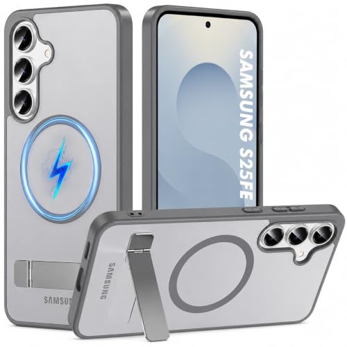 Image of Elzzi MagSafe Compatible Case for Samsung S25 FE Translucent Matte Bottom Kickstand Shockproof Slim Anti-Fingerprint Magnetic Hybrid Protective Cover (Grey)