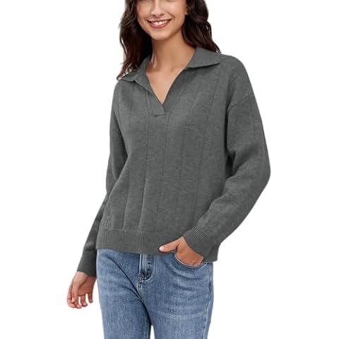 Woman Soft Sweater Collar V Neck Long Sleeve Knit Jumper Top Solid Casual Pullover Sweaters (Grey,l) Cover