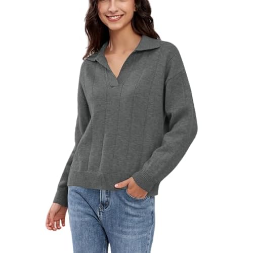 Woman Soft Sweater Collar V Neck Long Sleeve Knit Jumper Top Solid Casual Pullover Sweaters Grey Large