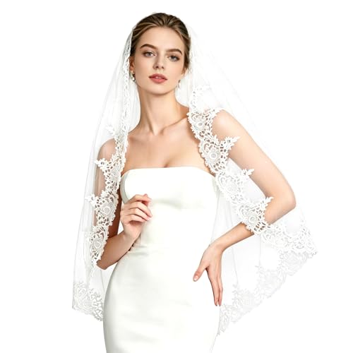 FUILUA 1 Tier Fingertip Wedding Veil, Lace Bridal Veil with Floral Lace Applique and Pearl Beads for Wedding (White)