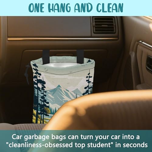 Image of Car Garbage Bag Mountain and River Forest Hanging Canvas Car Trash Bag Waterproof Drawstring Car Back Seat Organizer for Car Back Front Seat Console with Adjustable Buckle