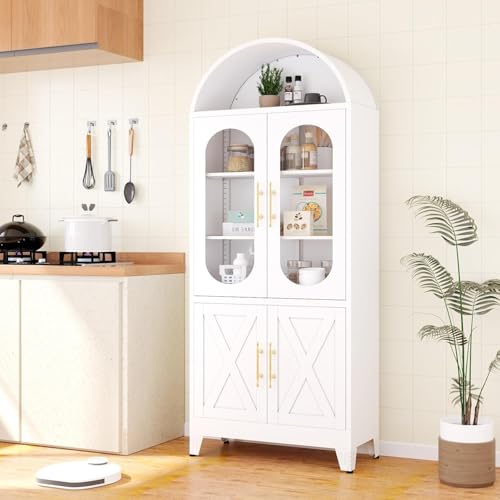 185,42 cm hoher metallener gewölbter Küchenvorratsschrank, moderner landhausstiliger Porzellanaufbewahrungs-Schrank mit Glastür und verstellbaren Regalen, vielseitiger Schrank für Küche(weiß)