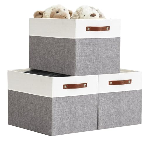 Image of DECOMOMO Cubby Storage Bins | 13x15x13inch Fabric Storage Cubes for Kallax Shelves Cloth Nursery Decorative with Handles (Grey and White, 13x15x13-3P)