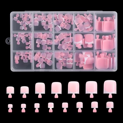 Lnngub 150 Pcs French Tip Toe Nail Press Ons,Press On Toenails for Women Pink Square Toenail Pressons Full Cover French Tip Toes Fake Toe Nails,15 Sizes