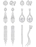 Tornito 6 Pairs Clip on Earrings for Women Non Pierced Sparkly Rhinestone CZ Drop Dangle Earrings Long Tassel Chandelier Earring Clips for Brides Bridesmaids Wedding Prom Stage Jewelry Silver Plated