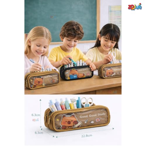 Image of Zqiue Good Study Cartoon Bear Pencil Pouch 3 Combo Set, Transparent Window Double Zipper Pen Case, Large Capacity Canvas Organizer for School, Kids, Teens & Office