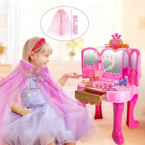 Toddler Vanity Magic Makeup Set Table and Chair Girl Toy Automatically Mirror with Music Light Pink Toys Girls Hair Salon Pretend Play Princess Dress Up Playset Gift Toddler by AugToy - Image 5