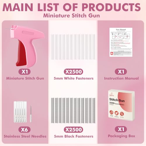 Image of Stitch Gun for Clothes, Tagging Gun, Quick Clothing Fixer, Rose | 5000 Fasteners, 0.04 inch Fine Needle, 6 Needles, Portable, Handheld, Compact, Lightweight, Easy to Use, Versatility, Durable