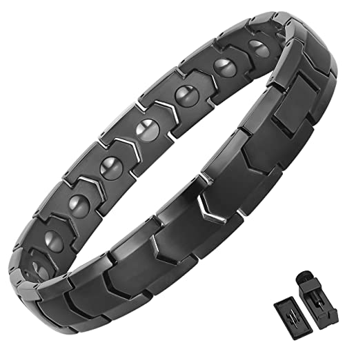 YYOOUU Magnetic Bracelet for Men and Women 316L Stainless Steel Magnetic Hematite Energy Bracelets Germanium Stones Jewelry Gift with Adjustment Tool - Black