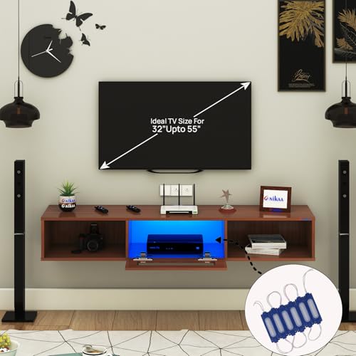 Image of Anikaa Novus Wall Mount Modern Floating TV Unit for Living Room with Open Shelf Storage Cabinet & Middle Cabinet Blue LED Light (Ideal for 32 to 55 inch TV, DIY Installation, Walnut Finish)