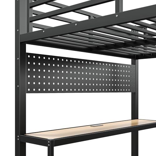 Image of Bellemave Queen Size Loft Bed with Desk,with USB Ports, Lights, and Hanging Rod, Cave Board Design, Metal Queen Loft Bed Frame for Adults, Kids, Teens, Black