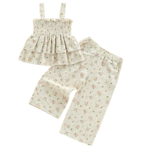Hibabying Toddler Little Girl Clothes Sleeveless Smocked Tank Tops and Floral Long Pants Casual Spring Summer Outfits (Beige- Floral 5-6 Years)