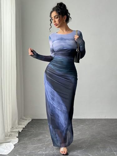 Image of LIGHT DOT Women's Printed Bodycon Maxi Dress Long Sleeve Tie Dye Mesh Ruched Cocktail Dress
