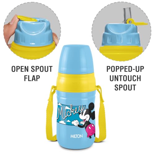 Image of MILTON Disney Kool Cheer 400 Plastic Insulated Thermo Water Bottle with Straw for School Kids I Food Grade, Leak Proof Lid with Hands free sipper, Easy to Carry Loop, Picnic, BPA Free, 390 ml,Sky Blue