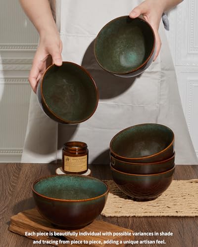 Image of 5.5 inch Stoneware Cereal Bowls Set of 6, 22 Oz Soup Bowls Set | Reactive Glaze Cereal Bowls Set for Cereal Soup Snacks, Kitchen Bowls for Meal, Dishwasher & Microwave Safe, Brown and Green