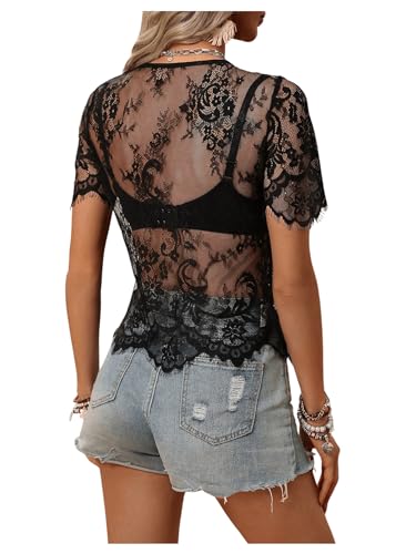 SweatyRocks Women's Floral Lace Sheer See Through Blouse Short Sleeve Crewneck Scallop Trim Shirts Tops2