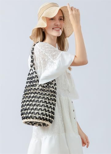 Pocadri Women Wooden Shoulder Bag Woven Beads Tote Handbag Hollow Bucket Underarm Purse Summer Casual Satchel4