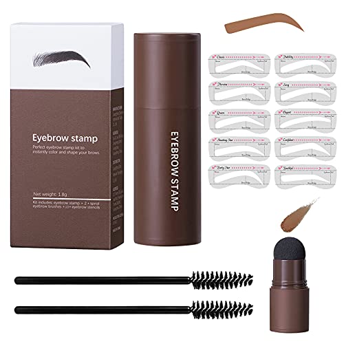 Eye-Brow Stamp Stencil Kit, Water-proof Brow Stamp Shaping Kit, Eyebrow Stencil Eyebrow Filling Powder Stamp Kit, Women Makeup Tools with 10 Reusable Eyebrow Stencils, 2 Eyebrow Brushes (Light Brown)