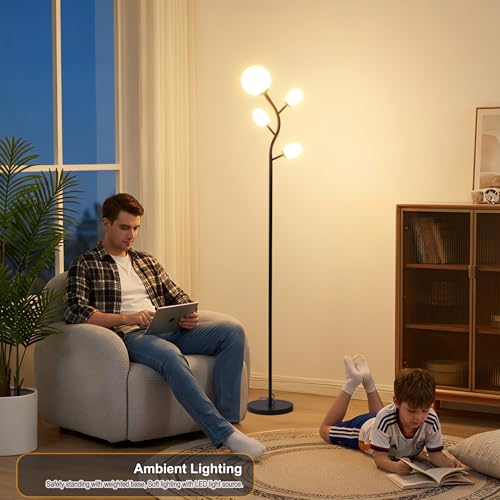 Image of Fiqevs 4 Globe Floor Lamp for Living Room, Mid Modern Standing Tree Lamp | 3000K Warm White Light, 4 LED Bulbs Included, Sphere Ball Frosted Glass Shade Tall Lamp for Bedroom /Office, Matt Black