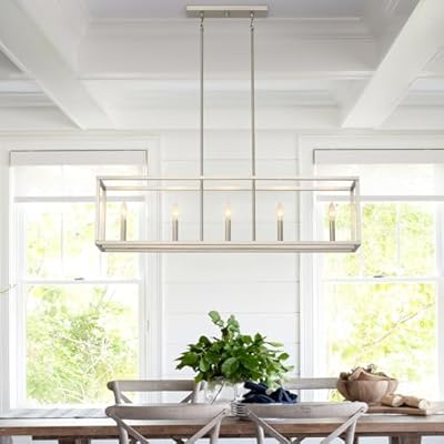 SKXEXI Kitchen Island Lighting, 5-Light Dining Room Light Fixture, Farmhouse Brushed Nickel Chandelier Modern Rectangular Hanging Pendant for Bar Restaurant