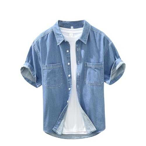 Chemise en jean ample homme USTZFTBCL à manches courtes et col écarté décontracté