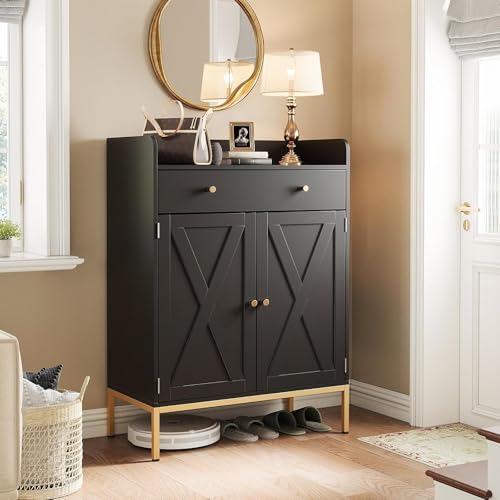 Maupvit Black Shoe Cabinet with Doors, 4-Tier Modern Entry Shoe Storage Cabinet with Large Drawer, Wooden Entryway Organizer with Metal Legs & Adjustable Shelf for Foyer, Hallway, Living Room