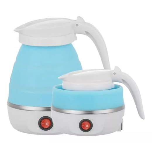 Chaleira Jarra Elétrica Dobrável em Silicone 600ml Bivolt - Perfeita para Casa, Viagem e Camping! Ferve Leite, Chá e Água - Base em Aço Inoxidável - Azul