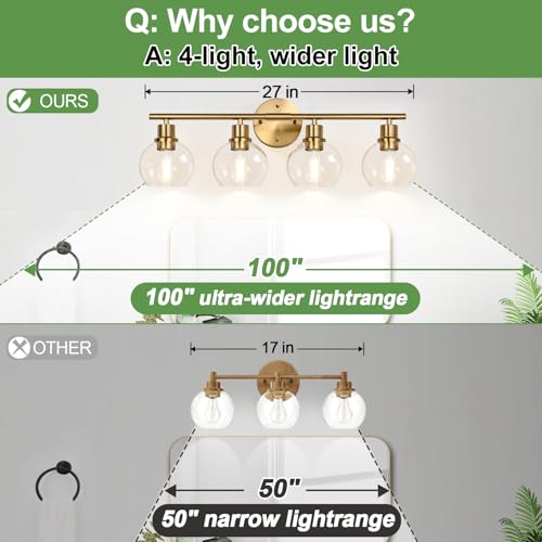 Image of Indoi 4-Light Bathroom Light Fixtures,Gold Modern Vanity Lights Over Mirror with Clear Glass Globe Shade, Bathroom Wall Sconces for Mirror Kitchen Living Room Hallway Cabinet Bedroom Porch