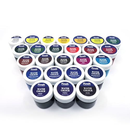 Image of Flash Water Colours Combo Pack with Brush & Pallett For Painting-Painting Kit for Kids Artists Professionals Hobby Painters-Matt Finish Rich Pigments Non Toxic Watercolor Set-25 ml each (Set of 25)