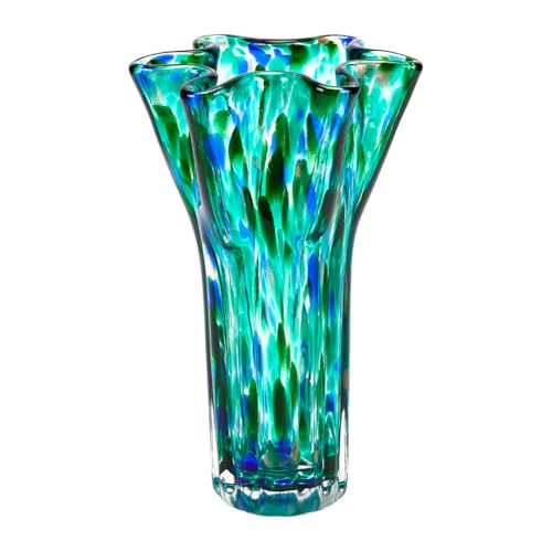 AHANDMAKER Vase en verre turquoise pour fleurs, moderne, large ouverture, volants, vase unique soufflé à la main, centre de table pour salon, bureau, mariage
