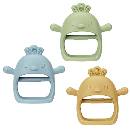 Image of HBselect 3 Pack Baby Teether Teething Mitten for Babies 0-6 Months Baby Teething Toy Silicone Infant Hand Teether Pacifiers Wrist Hand Chew Toys for Sucking Needs (Blue, Green, Yellow, Chick)