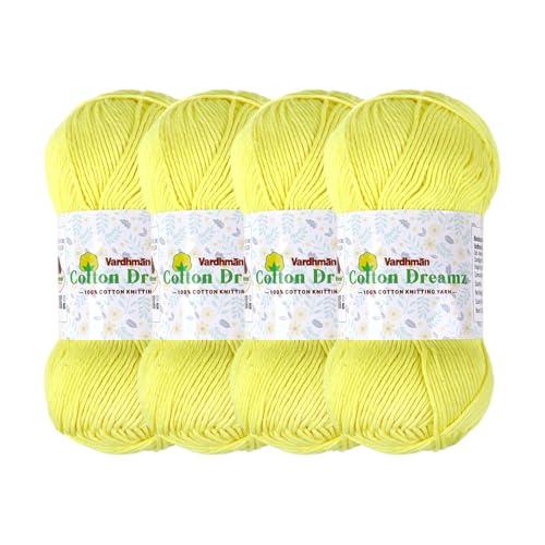 Image of Vardhman 100% Cotton Dreamz Light Weight Natural Thin Yarn | Pack-4 100g | Knitting & Crochet Projects | Soft Natural Yarn | Ideal for Garments, Summer Wear & Accessories | Lemon Yellow, CJL015 P4