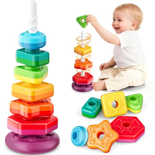 Baby Spinning Stacking Toys for Toddlers 1-3 Sensory Montessori Toys for One Year Old Girl Boy Rainbow Ring Stacker Tower Educational Learning Toy Perfect Christmas Birthday Gifts
