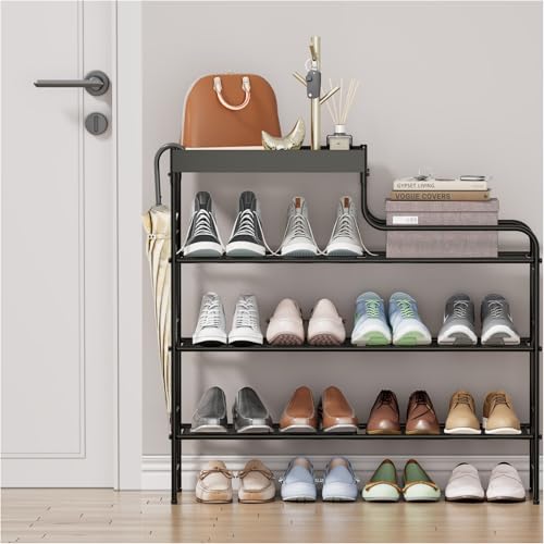 4 Tier Free Standing Shoe Racks with Storage Box, Metal Shoe Organizer for Closet with Sturdy Wire Grid, Large Capacity Shoe Rack Organizer for Entryway Corridor Living Room Balcony Bedroom, Black