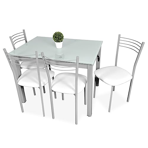 Somnia Descanso - Pack Mesa de Cristal de Cocina o Comedor + 4 Sillas Color Blanco a Juego, Modelo Närke, Prácticas y Funcionales. Medidas: 100-170 cm (Largo) x 70 cm (Ancho) x 75 cm (Alto)