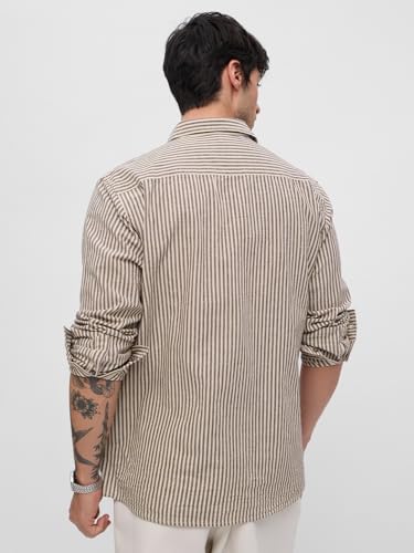 Image of The Souled Store Cotton Linen Stripes: Prism Men and Boys Long Sleeve Collared Neck Button Front Regular Fit Cotton Linen Shirt
