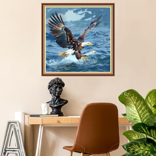 Image of Fanxvivy Stamped Counted Cross Stitch Kits for Adults Printed Cross-Stitch Patterns 11CT Stamped or Counted Cross Stitching Embroidery Kit Needlepoint Kits-Eagle Fishing 18x18 inch