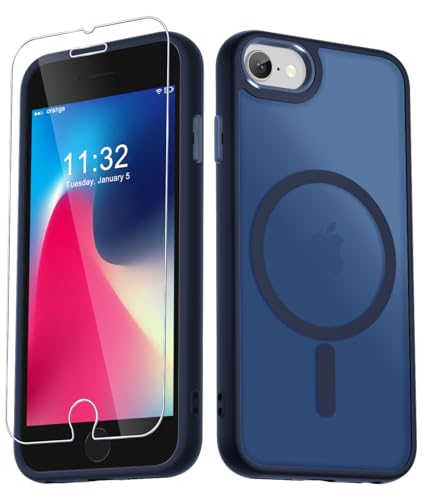 for iPhone SE Case 2022(3rd)/2020(2nd), iPhone 8/7 Case, with 1 Screen Protector, Matte Magnetic Slim Phone Cover, Support for Magsafe, Shockproof Protection Translucent Frosted Back,Navy Blue