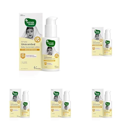 Image of Mother Sparsh Simply Unscented Mineral Baby Sunscreen with Natural Oatmeal -50g, with SPF 50 & UVA /UVB Protection | Fragrance Free Sunscreen for Babies with Sensitive Skin (Pack of 5)