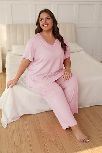 Image of Vozanet Women's Plus Size Pajama Sets Short Sleeve Long Pants Solid Color with Piping Trim Elegant Loungewear Cozy Sleepwear
