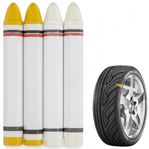 LEMONSTONE 4 Stück Reifenkreide 2 Gelb+2Weiß, Reifenkreide Hohe Kapazität Reifenstift, für Deckende Markierungen auf Dunklen Untergründen, Wasserfester Markierungsstifte für Verschiedene Oberflächen