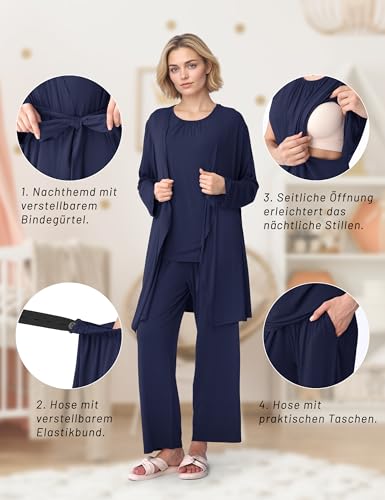 SUNNYBUY Stillpyjama Set Damen 3-teilig Umstands- und Still-Schlafanzug mit Top, Hose und Morgenmantel ideal für Schwangerschaft, Wochenbett und Klinik, Marineblau L