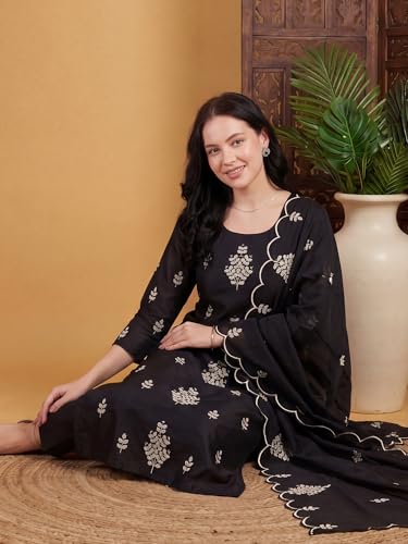 Image of INDO ERA Women's Black Silk Blend Embroidered Mirror Work Kurta & Pant with Dupatta Set (IEDDAI484)