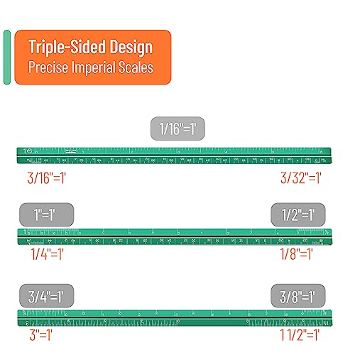 Mr. Pen- Small Architectural Scale Ruler, Aluminium, 6 Inch, 2 Pack, Green and Orange, Pocket Size Ruler, Triangle Ruler, Metal Ruler Set, Architect Scale Ruler for Blueprints