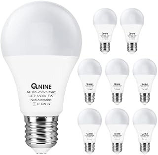 QNINE 8-Pack Cool White E27 Screw Bulb, 9W (60W Equivalent), 806lm, LED Bulbs ES, 6500K, Non-Dimmable