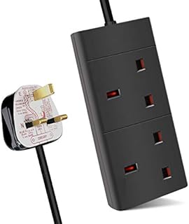 ExtraStar 2 Way Extension Lead, 13A Fused UK Plug Adapter, 5 Metre Extension Cable Power Strip - Black