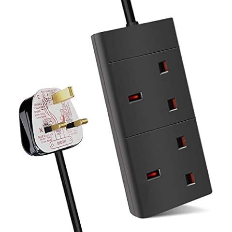 ExtraStar 2 Way Extension Lead, 13A Fused UK Plug Adapter, 1 Metre Extension Cable Power Strip - Black Cover