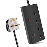 ExtraStar 2 Way Extension Lead, 13A Fused UK Plug Extension Socket, 2M Extension Cable Power Strip - Black