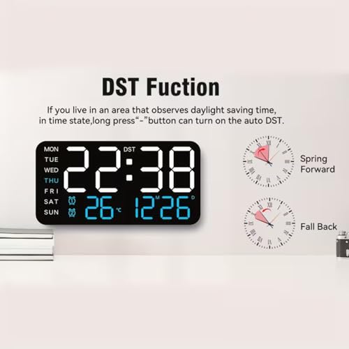 Image of EASEPRES 9 inch LED Digital Wall Clock with Date, Day, Temperature Display & Dual Alarm - USB Powered, Adjustable Brightness - Ideal for Bedroom, Office, Seniors, Home Decor (White + Blue)