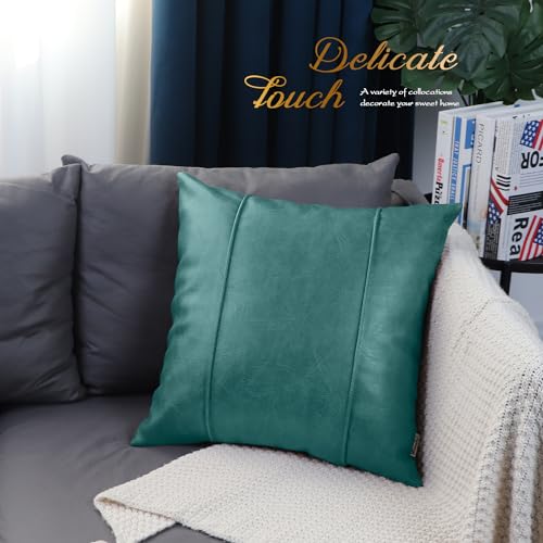 Image of BRAWARM Teal Leather Throw Pillow Covers 16 X 16 Inches - Faux Leather Pillow Cover with Piping, Hand Stitched Leather Throw Pillow for Couch Sofa Bed Living Room Home Decorative